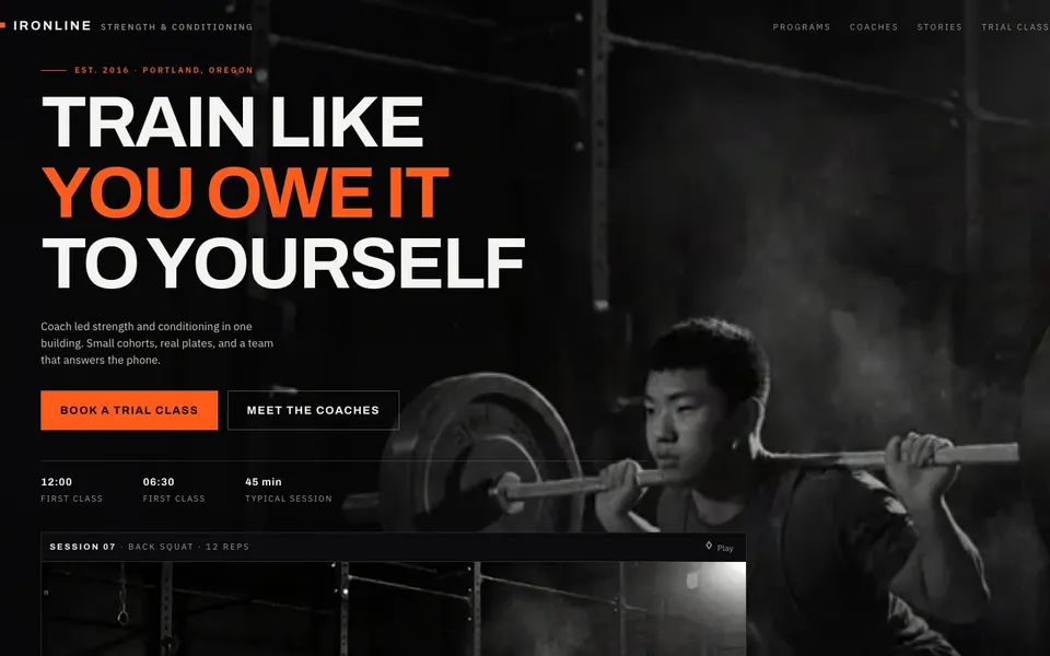 Fitness studio website first-screen screenshot
