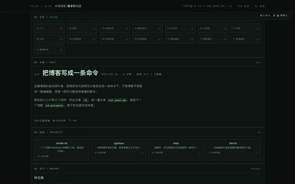 终端风开发者博客 首屏截图